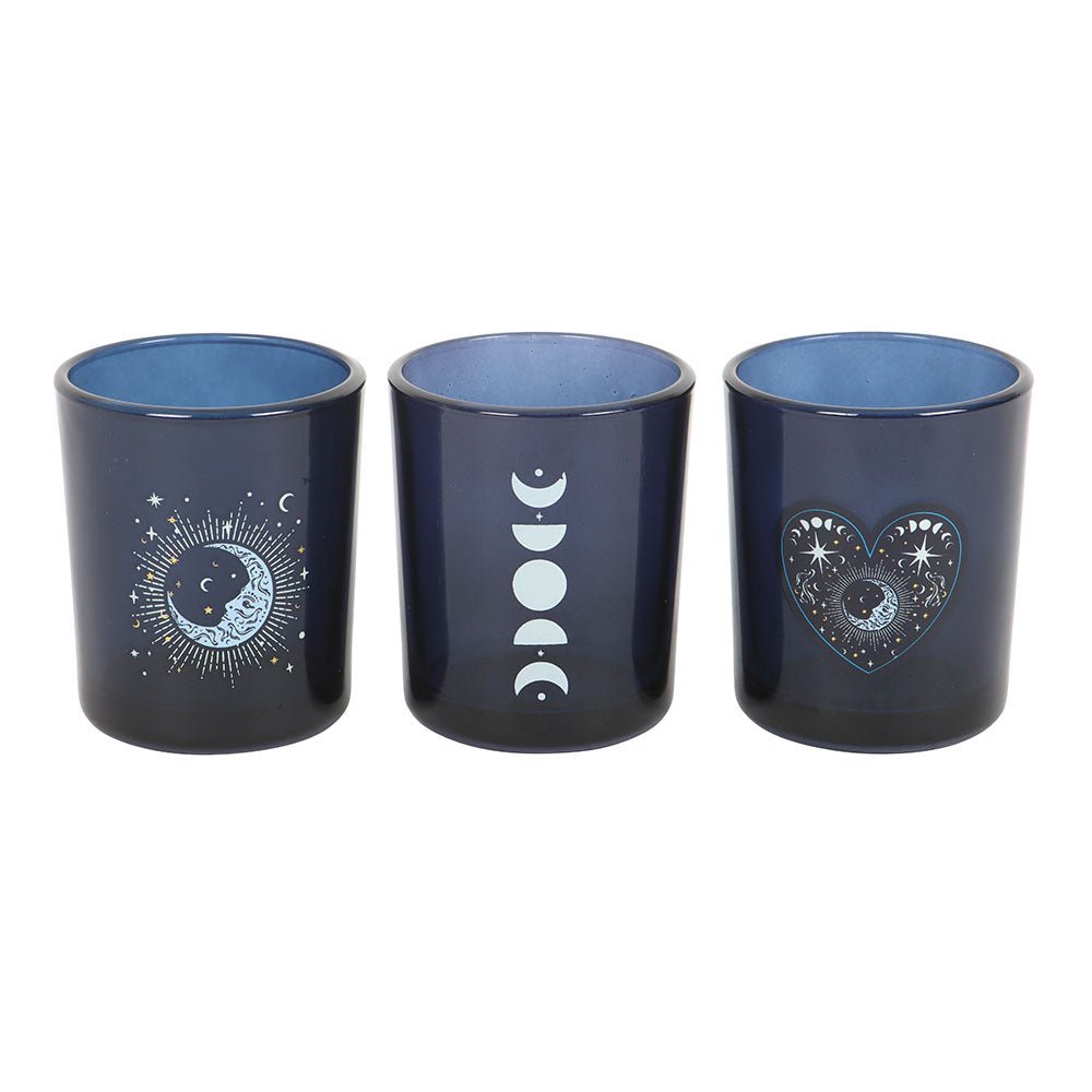 Set of 3 Blue Moon Votive Candle Holders Glass Tea Light Candle holders - Gothic & Alternative Gift - Haunted