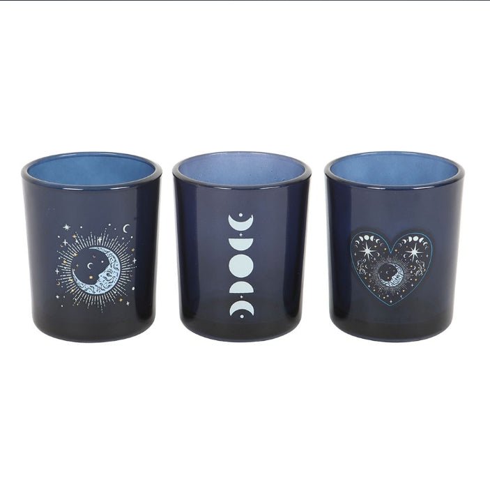 Set of 3 Blue Moon Votive Candle Holders Glass Tea Light Candle holders - Gothic & Alternative Gift - Haunted