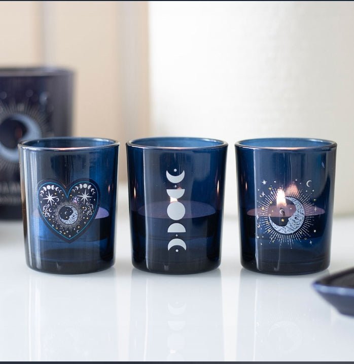 Set of 3 Blue Moon Votive Candle Holders Glass Tea Light Candle holders - Gothic & Alternative Gift - Haunted