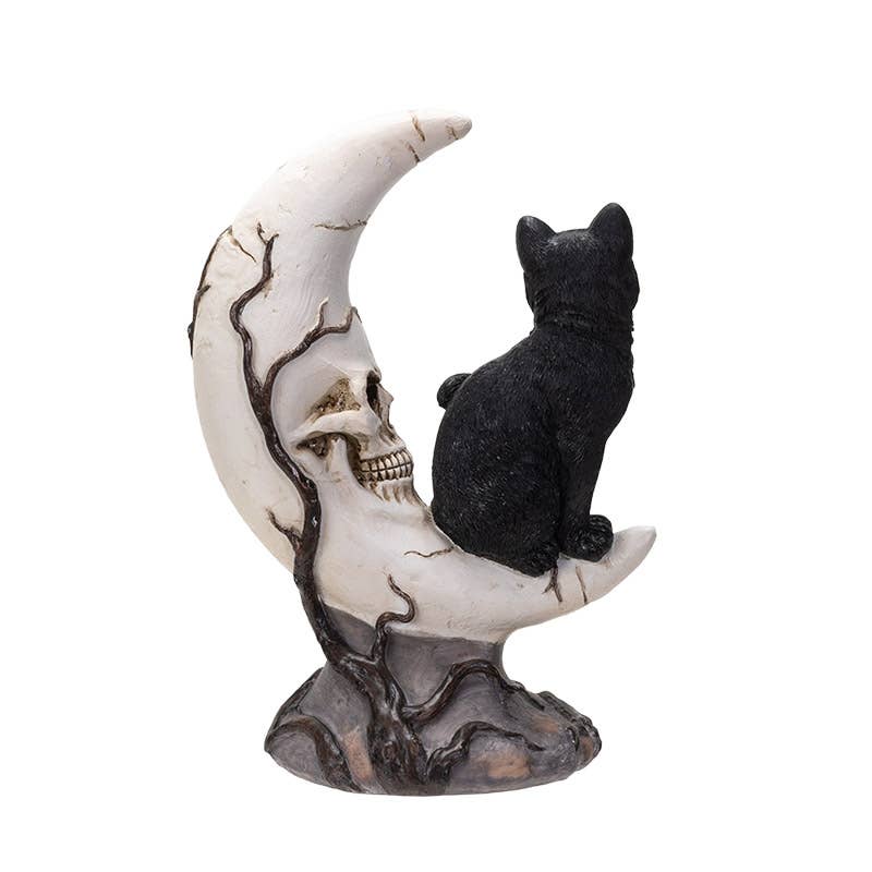 Sitting Black Cat on Moon Skull Face Figurine Figurines - Gothic & Alternative Gift - Haunted