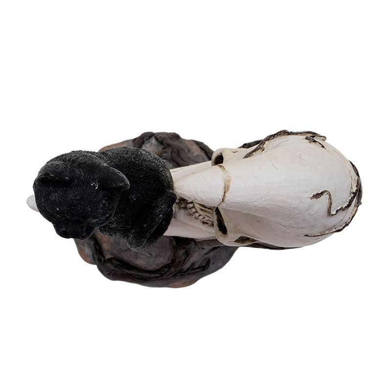 Sitting Black Cat on Moon Skull Face Figurine Figurines - Gothic & Alternative Gift - Haunted
