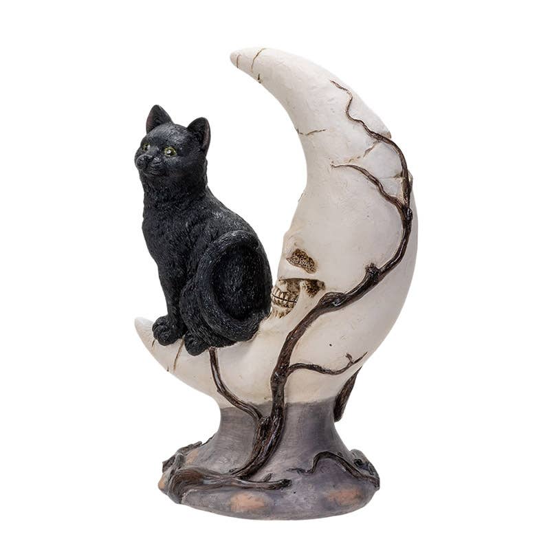 Sitting Black Cat on Moon Skull Face Figurine Figurines - Gothic & Alternative Gift - Haunted