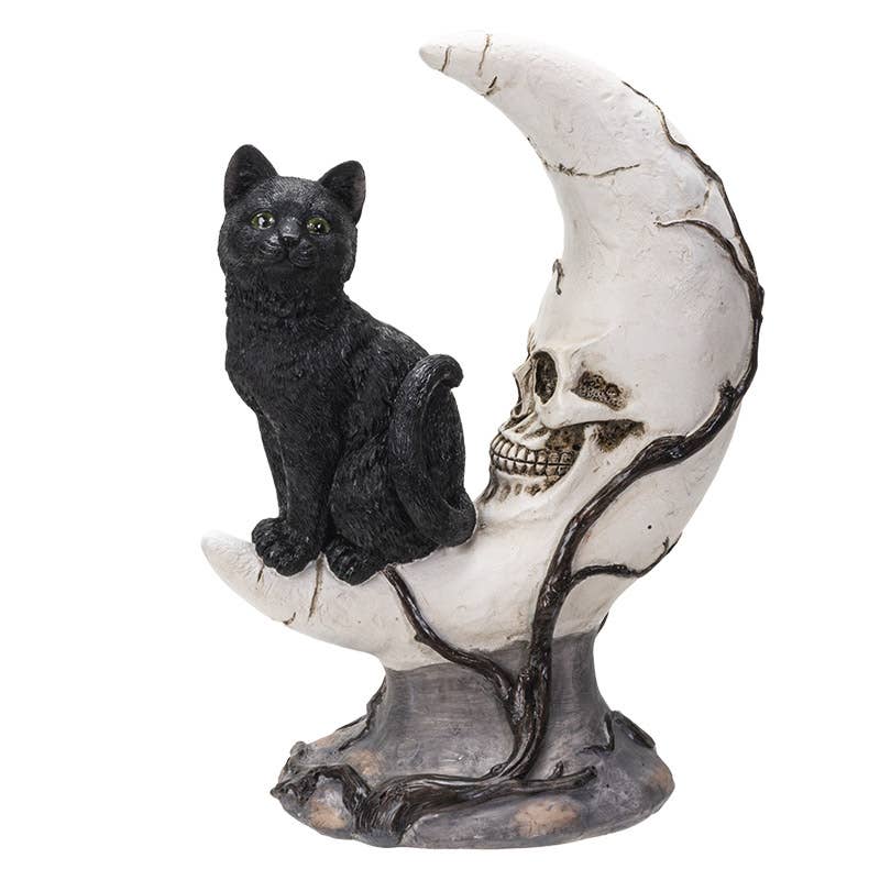 Sitting Black Cat on Moon Skull Face Figurine Figurines - Gothic & Alternative Gift - Haunted