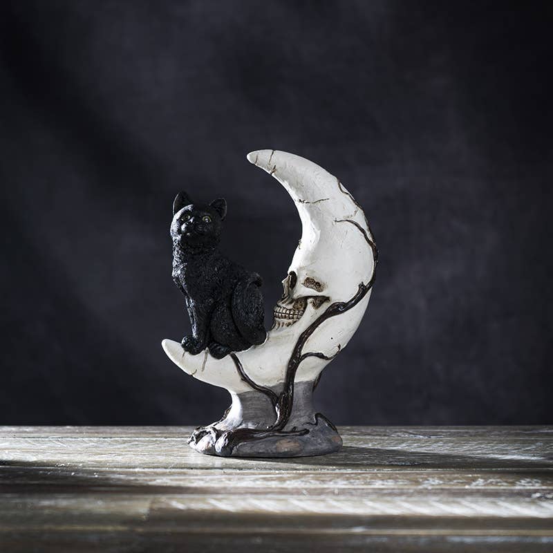Sitting Black Cat on Moon Skull Face Figurine Figurines - Gothic & Alternative Gift - Haunted