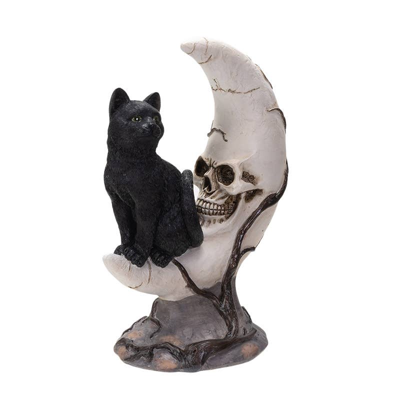 Sitting Black Cat on Moon Skull Face Figurine Figurines - Gothic & Alternative Gift - Haunted