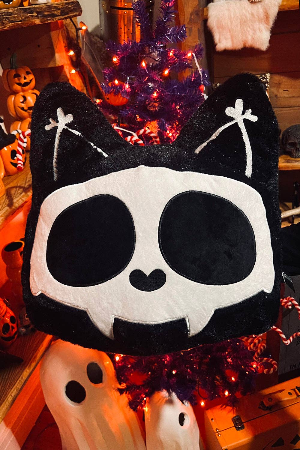 Skelekitty Cat Kitten Skeleton Throw Pillow Holiday Stuffed Animals - Gothic & Alternative Gift - Haunted