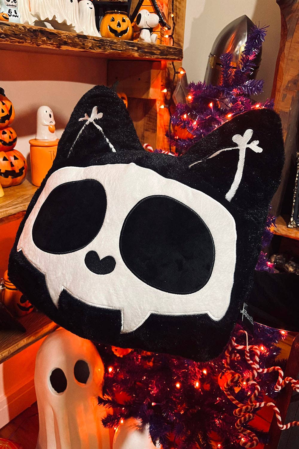 Skelekitty Cat Kitten Skeleton Throw Pillow Holiday Stuffed Animals - Gothic & Alternative Gift - Haunted