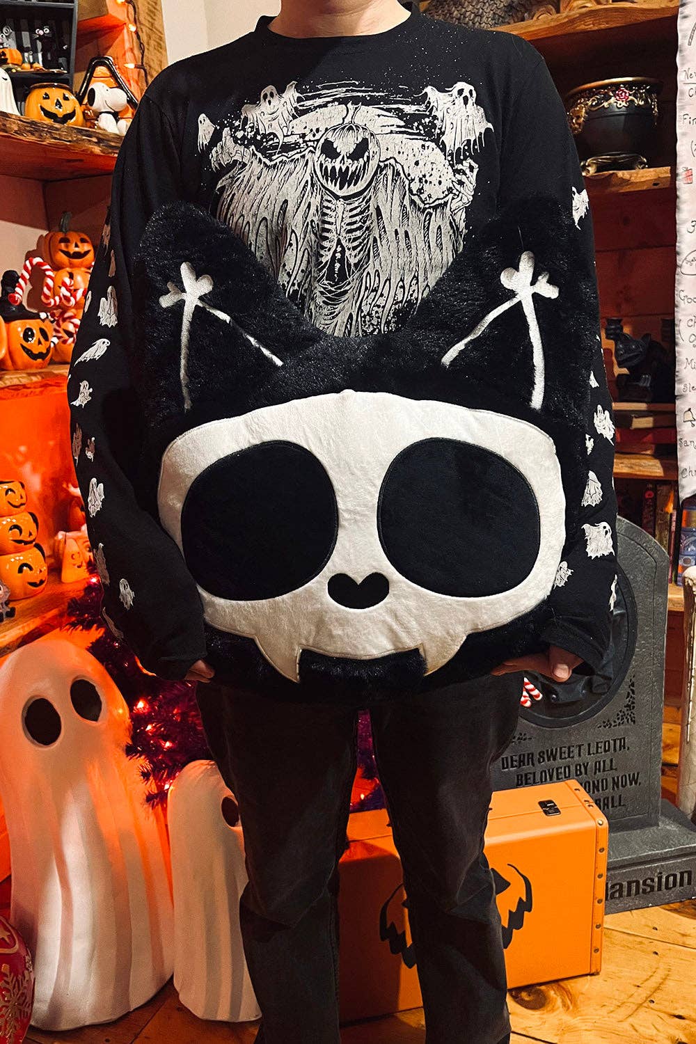 Skelekitty Cat Kitten Skeleton Throw Pillow Holiday Stuffed Animals - Gothic & Alternative Gift - Haunted