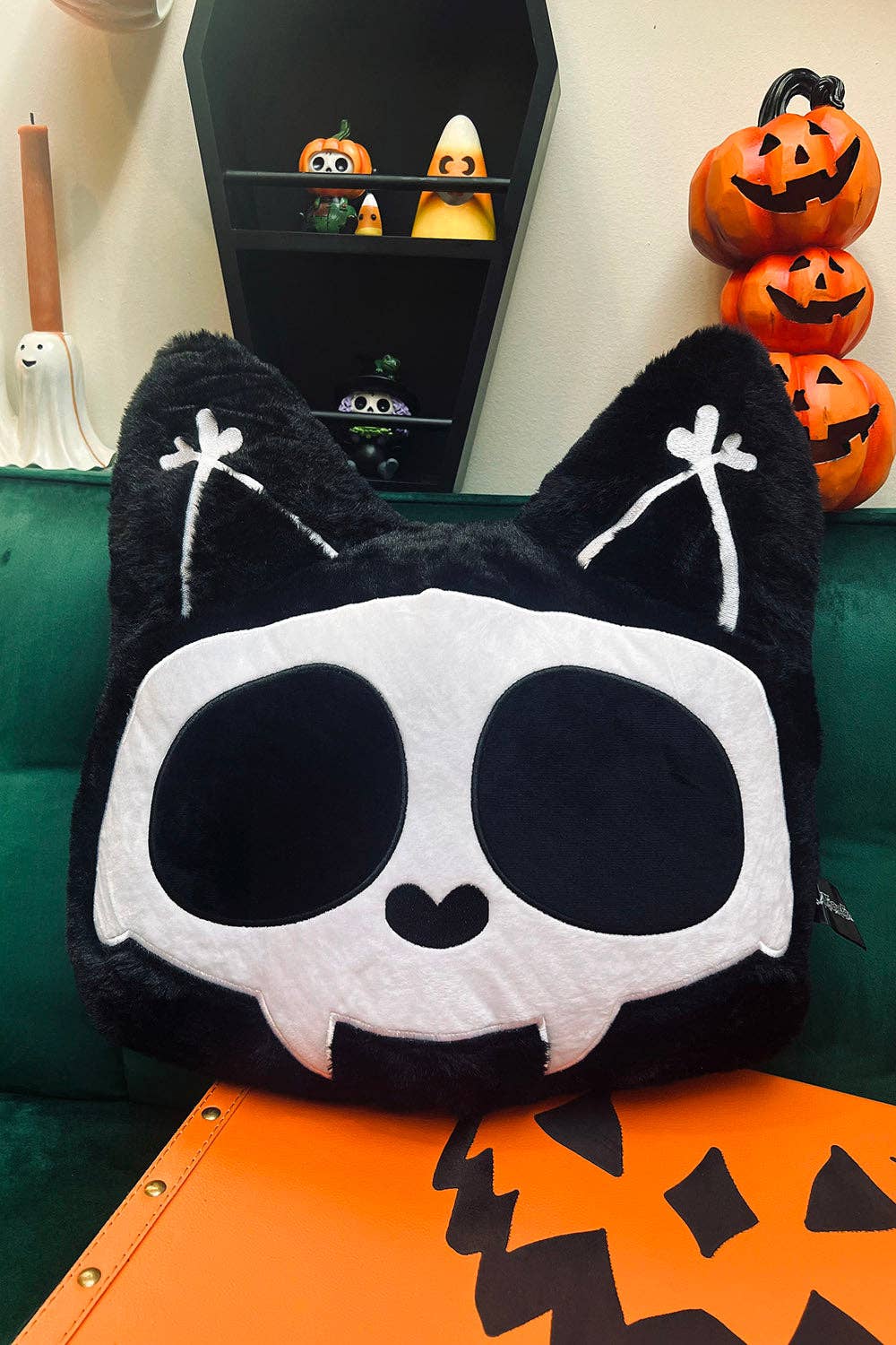 Skelekitty Cat Kitten Skeleton Throw Pillow Holiday Stuffed Animals - Gothic & Alternative Gift - Haunted