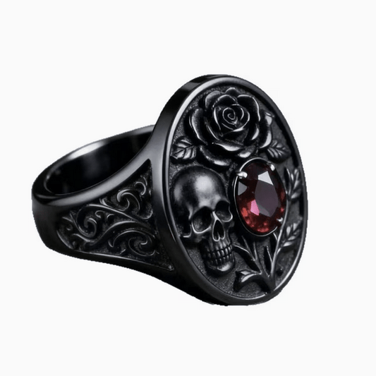Skull and Rose Red Gemstone Goth Gun Metal Black Ring Jewelry - Gothic & Alternative Gift - Haunted