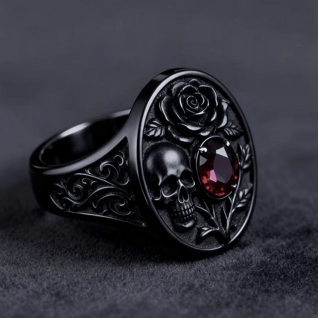 Skull and Rose Red Gemstone Goth Gun Metal Black Ring Jewelry - Gothic & Alternative Gift - Haunted
