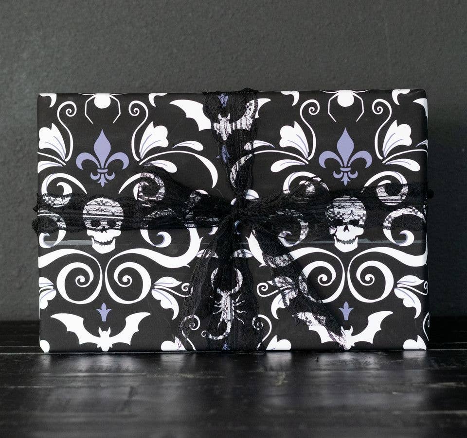 Skull Damask Gift Wrap - Black (8ft Roll) Wrapping Paper - Gothic & Alternative Gift - Haunted