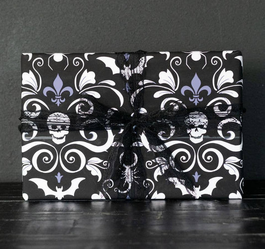 Skull Damask Gift Wrap - Black (8ft Roll) Wrapping Paper - Gothic & Alternative Gift - Haunted