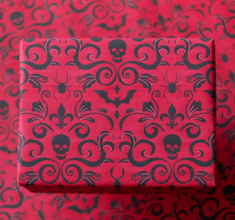 Skull Damask Gift Wrap - Red (8ft Roll) - Gothic & Alternative Gift - Haunted