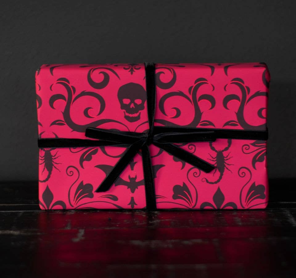Skull Damask Gift Wrap - Red (8ft Roll) - Gothic & Alternative Gift - Haunted