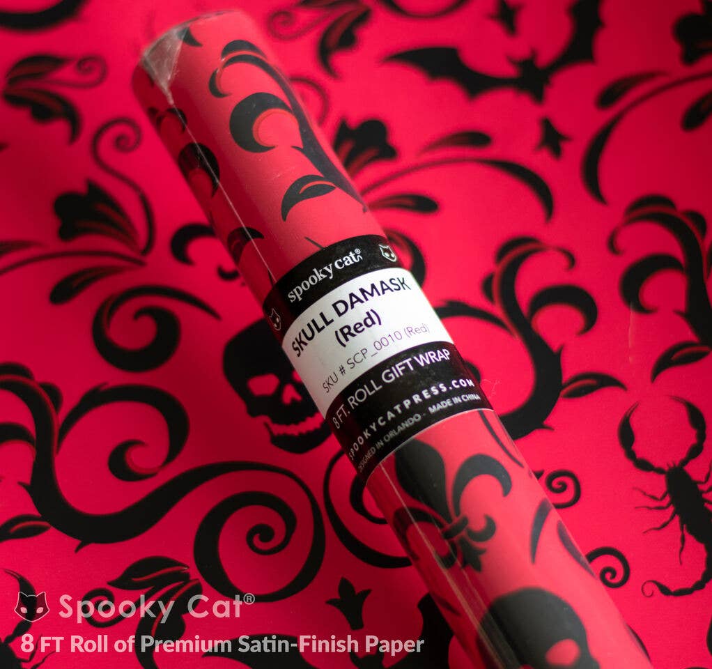 Skull Damask Gift Wrap - Red (8ft Roll) - Gothic & Alternative Gift - Haunted