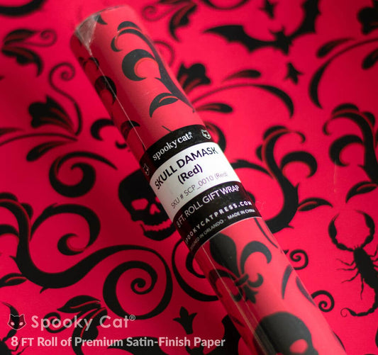Skull Damask Gift Wrap - Red (8ft Roll) - Gothic & Alternative Gift - Haunted