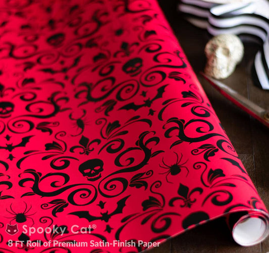 Skull Damask Gift Wrap - Red (8ft Roll) - Gothic & Alternative Gift - Haunted