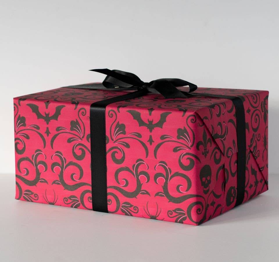 Skull Damask Gift Wrap - Red (8ft Roll) - Gothic & Alternative Gift - Haunted