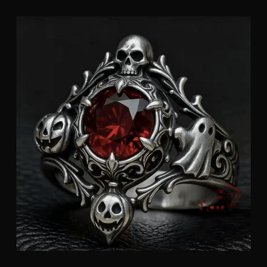 Skull, Ghost, Jack-O-Lantern Antique Goth Silver Ring Jewelry - Gothic & Alternative Gift - Haunted