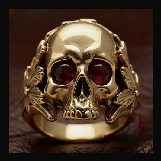 Skull, Red Eye Gemstone Goth Gold Ring Jewelry - Gothic & Alternative Gift - Haunted