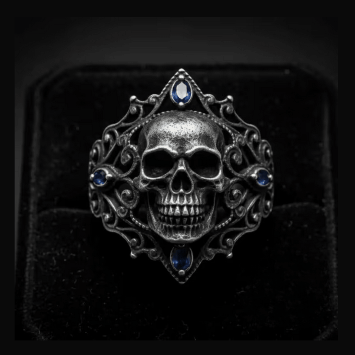 Skull, Retro Blue Gemstone Goth Silver Ring Jewelry - Gothic & Alternative Gift - Haunted