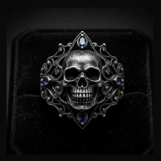 Skull, Retro Blue Gemstone Goth Silver Ring Jewelry - Gothic & Alternative Gift - Haunted