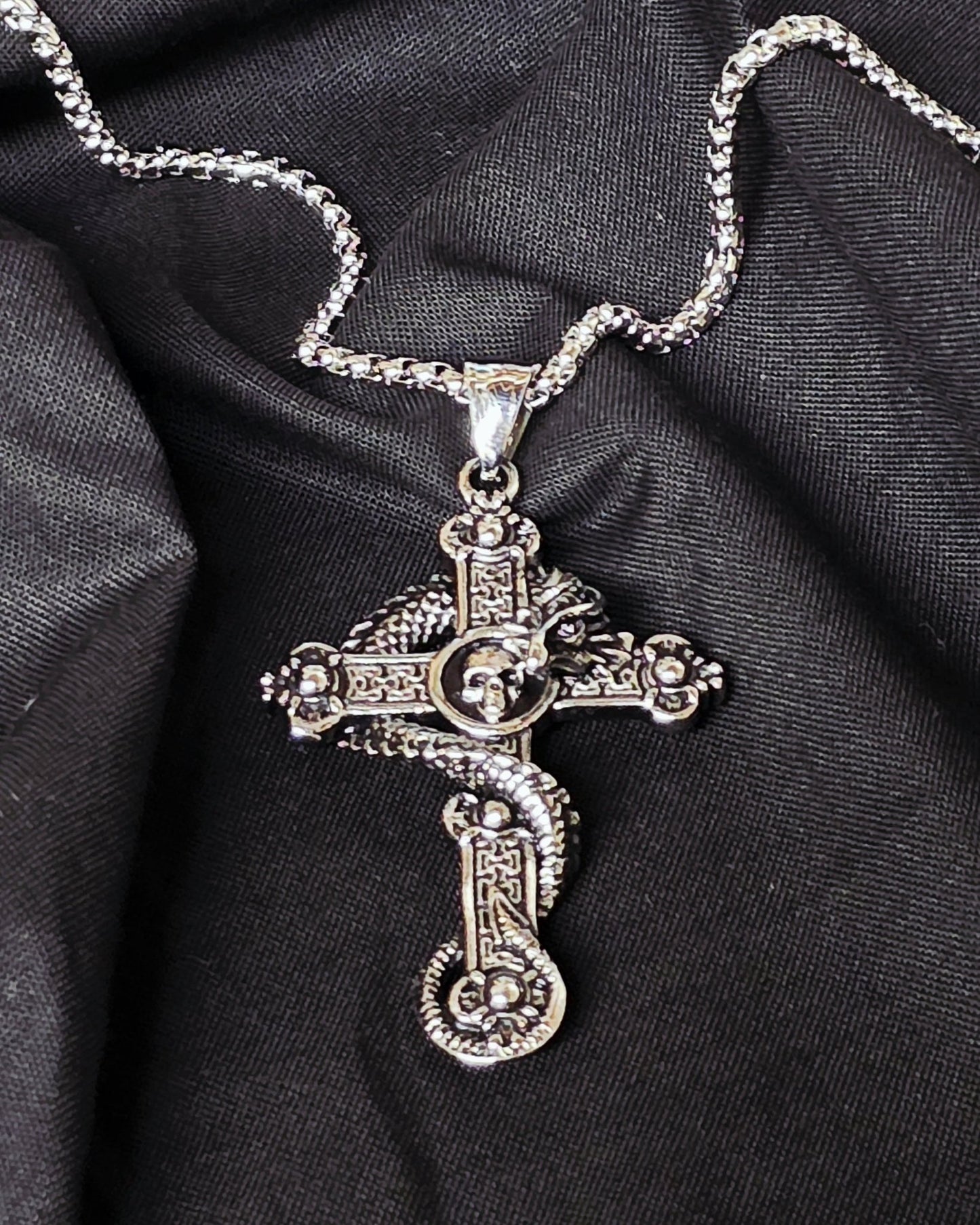 Snake wrapped cross stainless steel necklace - Gothic & Alternative Gift - Haunted