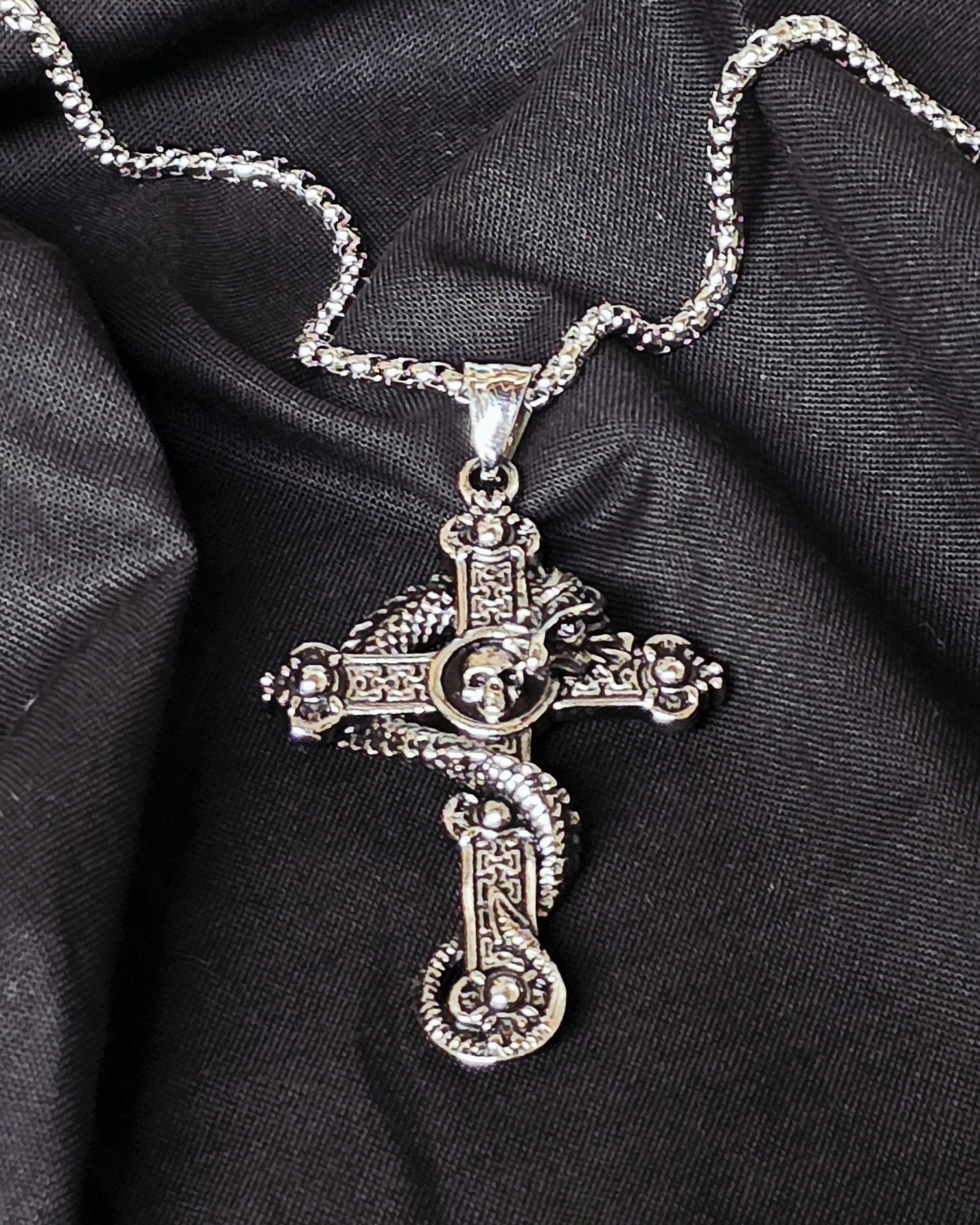 Snake wrapped cross stainless steel necklace - Gothic & Alternative Gift - Haunted