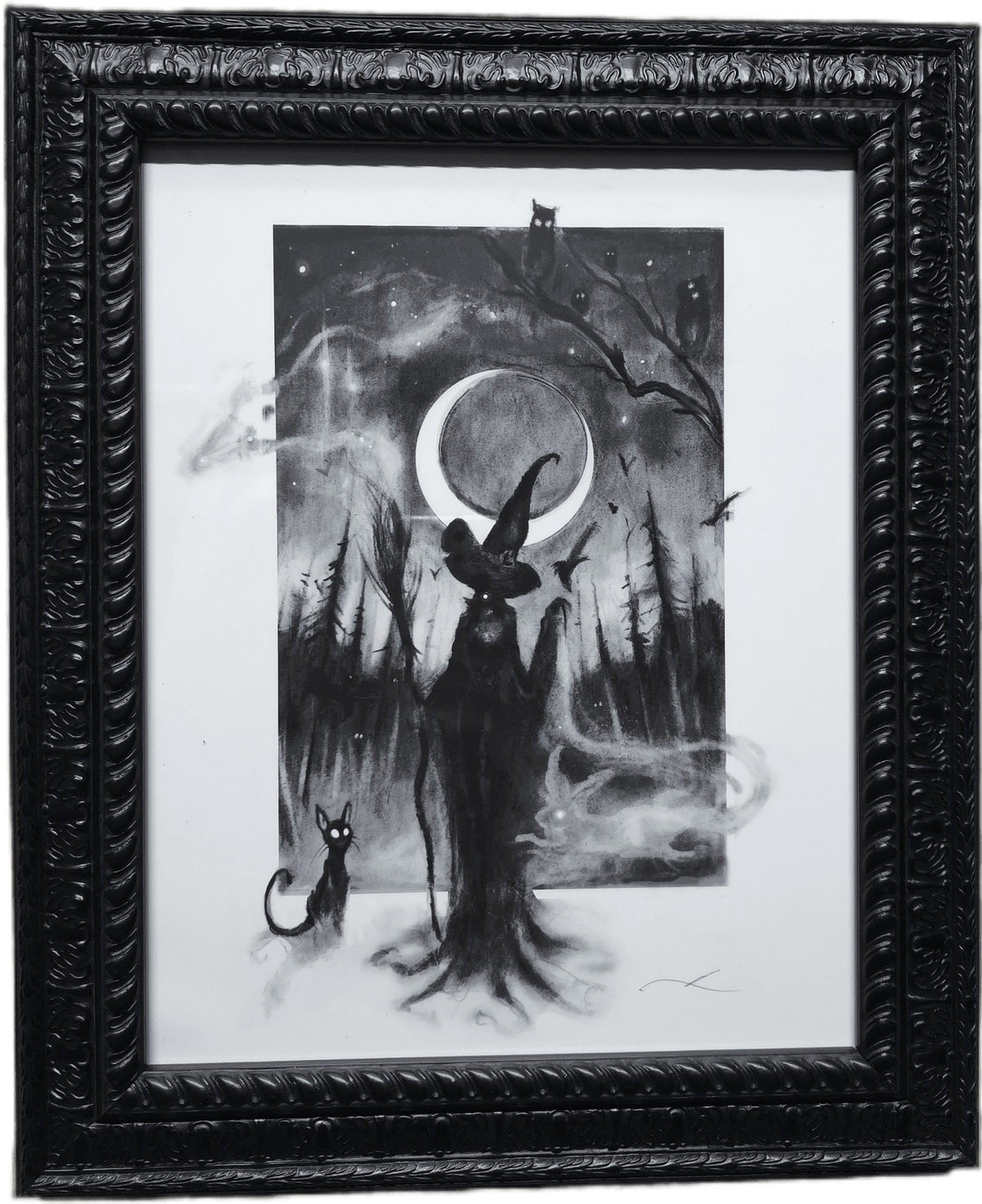 Spellbound Seance: 11x14 Framed Witch and Cat Print Original Artwork - Gothic & Alternative Gift - Haunted