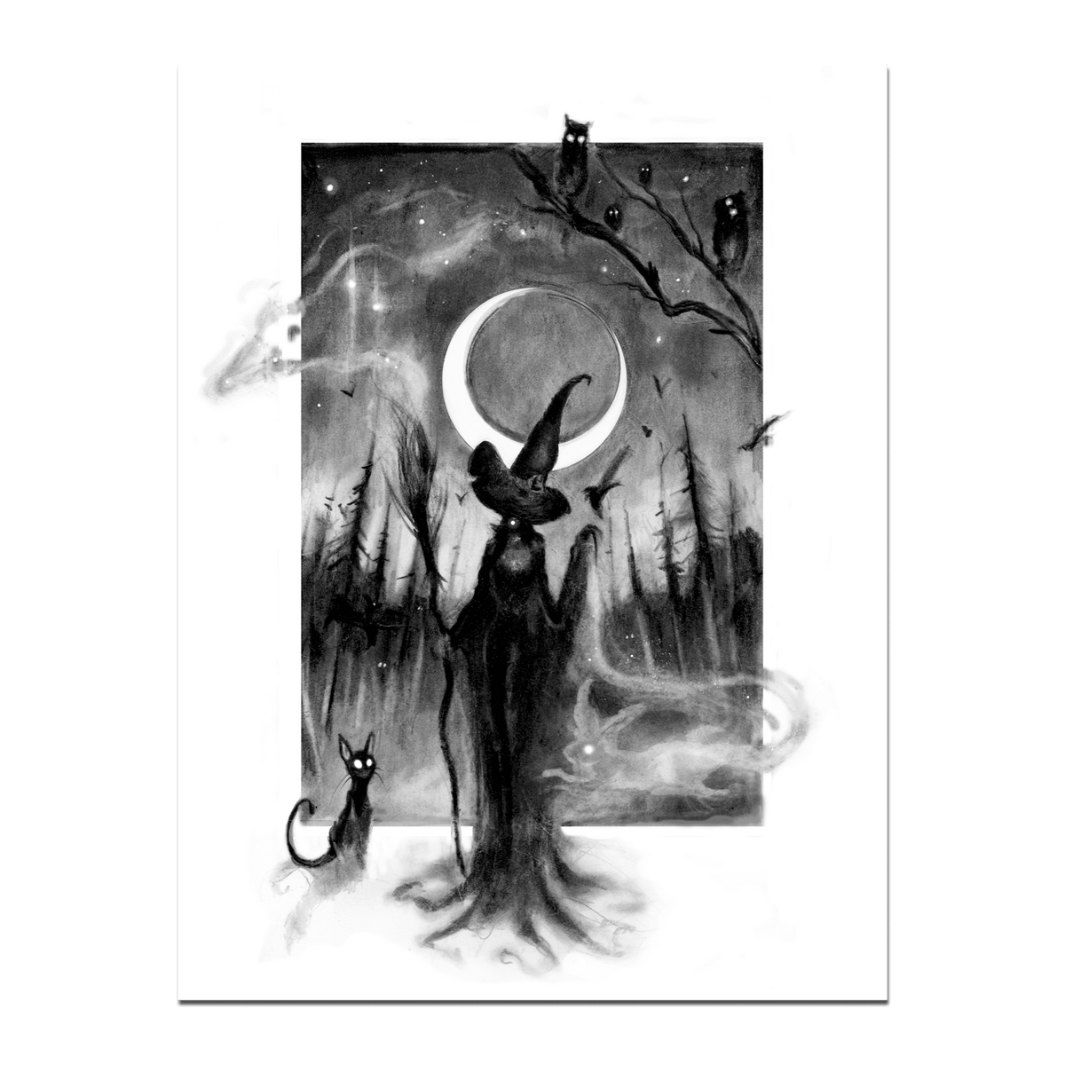 Spellbound Seance: 11x14 Framed Witch and Cat Print Original Artwork - Gothic & Alternative Gift - Haunted