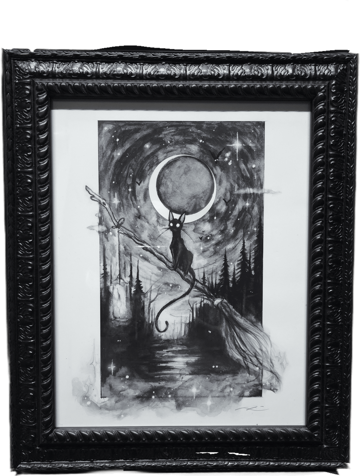 Spellbound Shade: 11x14 Framed Black Cat and Moon print Original Artwork - Gothic & Alternative Gift - Haunted