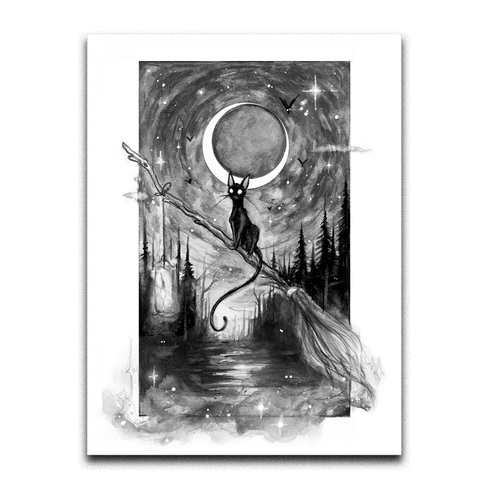 Spellbound Shade: 11x14 Framed Black Cat and Moon print Original Artwork - Gothic & Alternative Gift - Haunted