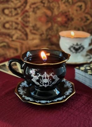 Spider Tea Cup Ceramic Candle Amber Oak Candles - Gothic & Alternative Gift - Haunted