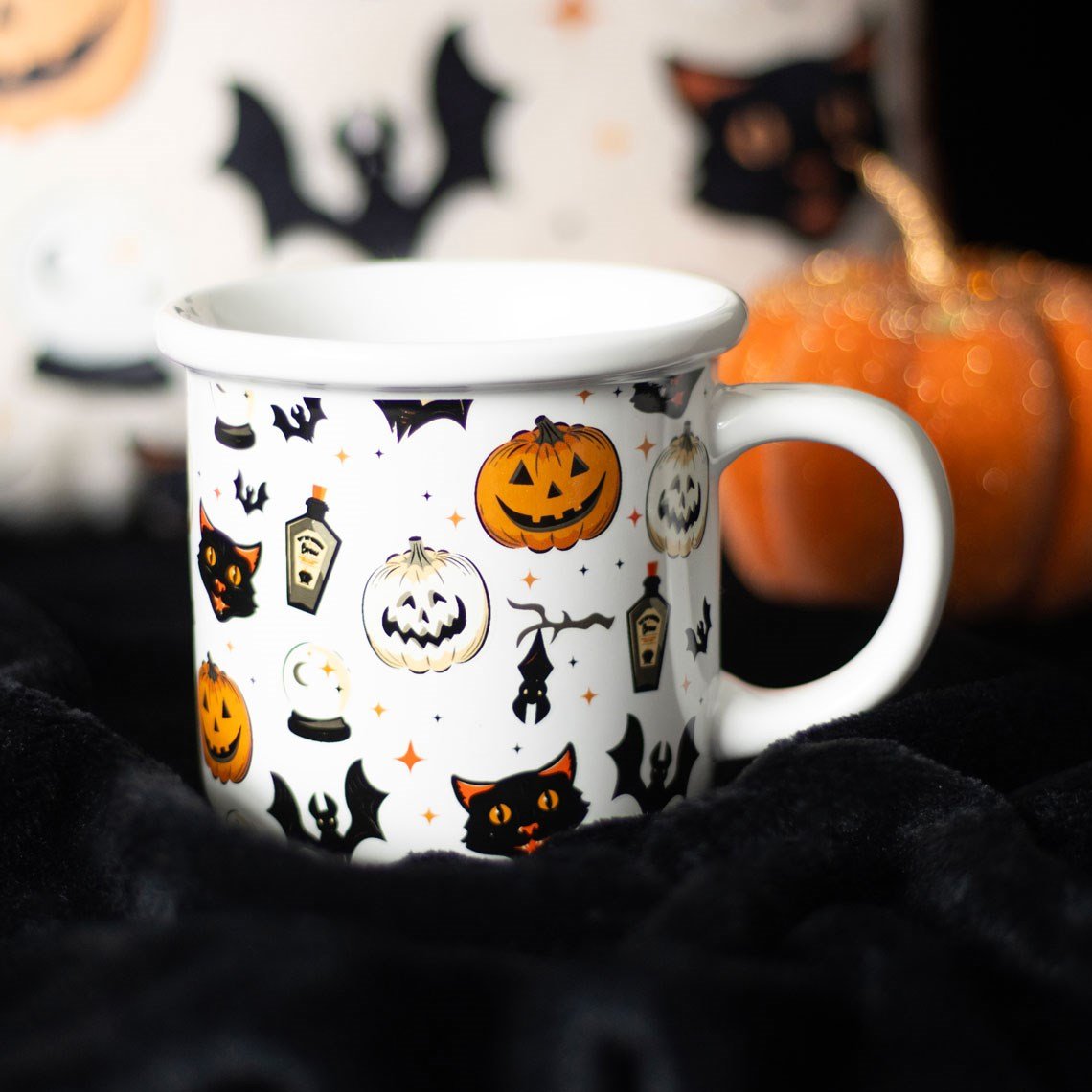 Spooky Cat and Pumpkin Print Mug Drinkware - Gothic & Alternative Gift - Haunted