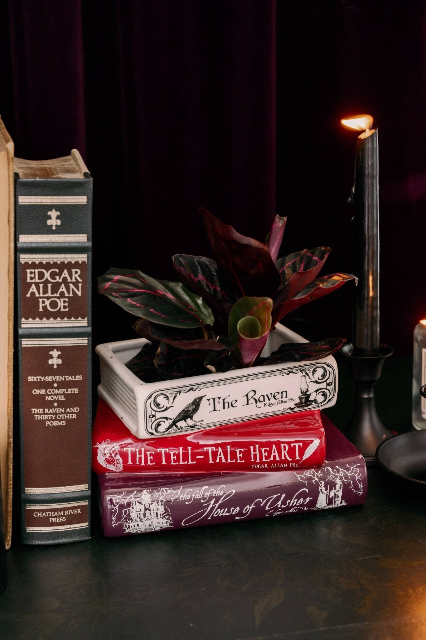 Stacked Book Planter, The Raven, Edgar Allen Poe, Book Shaped Vase Garden Decor - Gothic & Alternative Gift - Haunted