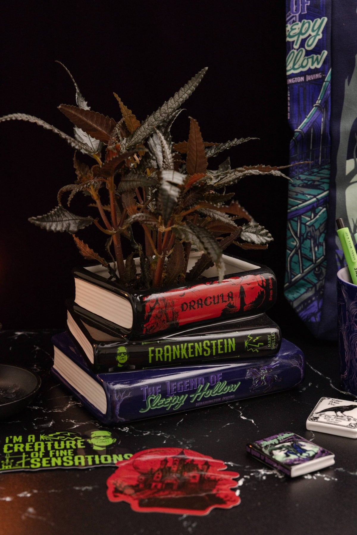 Stacked Book Shaped Vase Planter, Sleepy Hollow, Frankenstein, Dracula Garden Decor - Gothic & Alternative Gift - Haunted