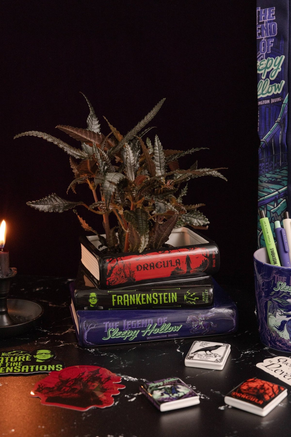 Stacked Book Shaped Vase Planter, Sleepy Hollow, Frankenstein, Dracula Garden Decor - Gothic & Alternative Gift - Haunted