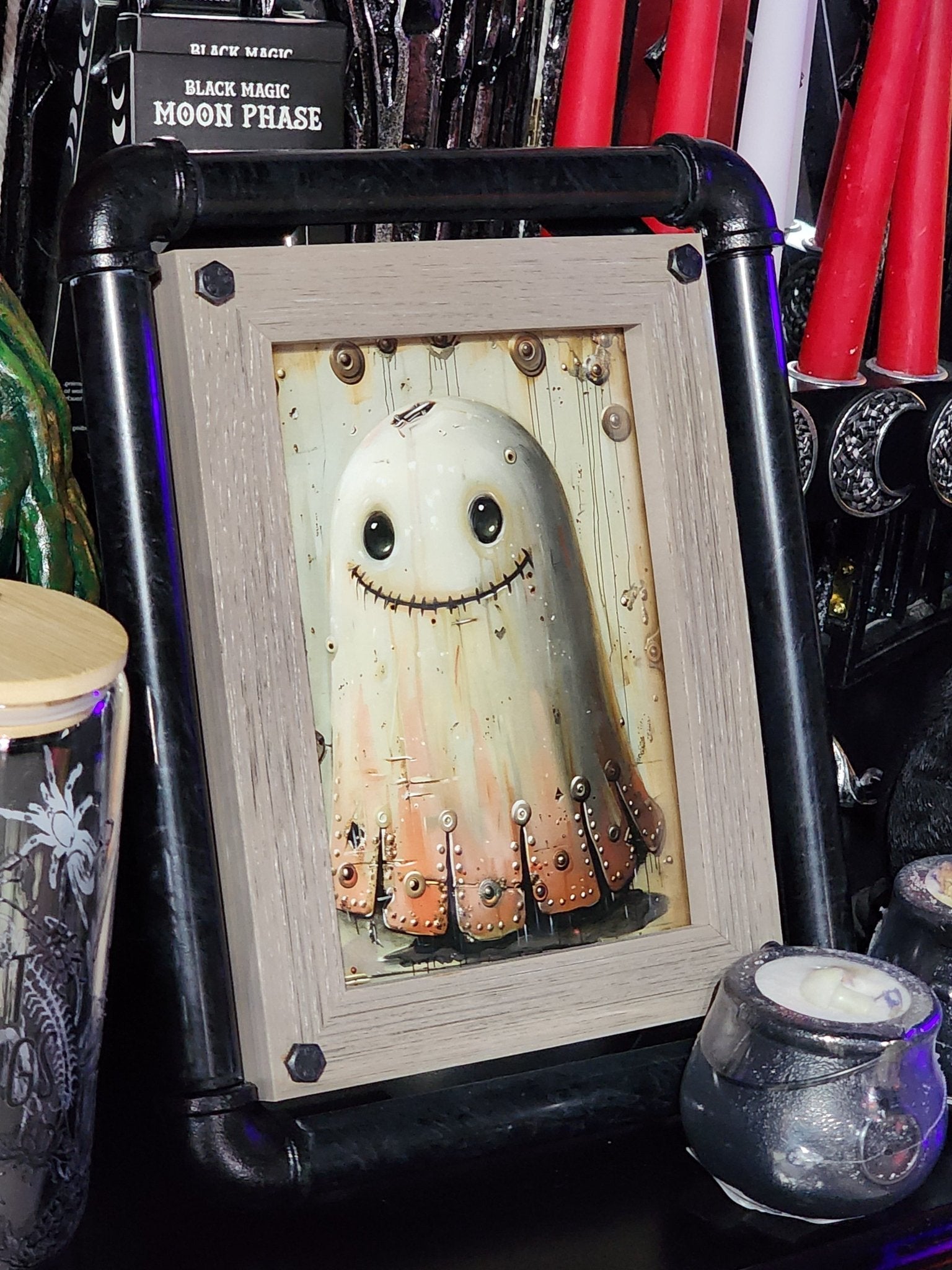 Steampunk Ghost Whimsigoth Print in Metal Pipe Frame Wall Hanging - Gothic & Alternative Gift - Haunted