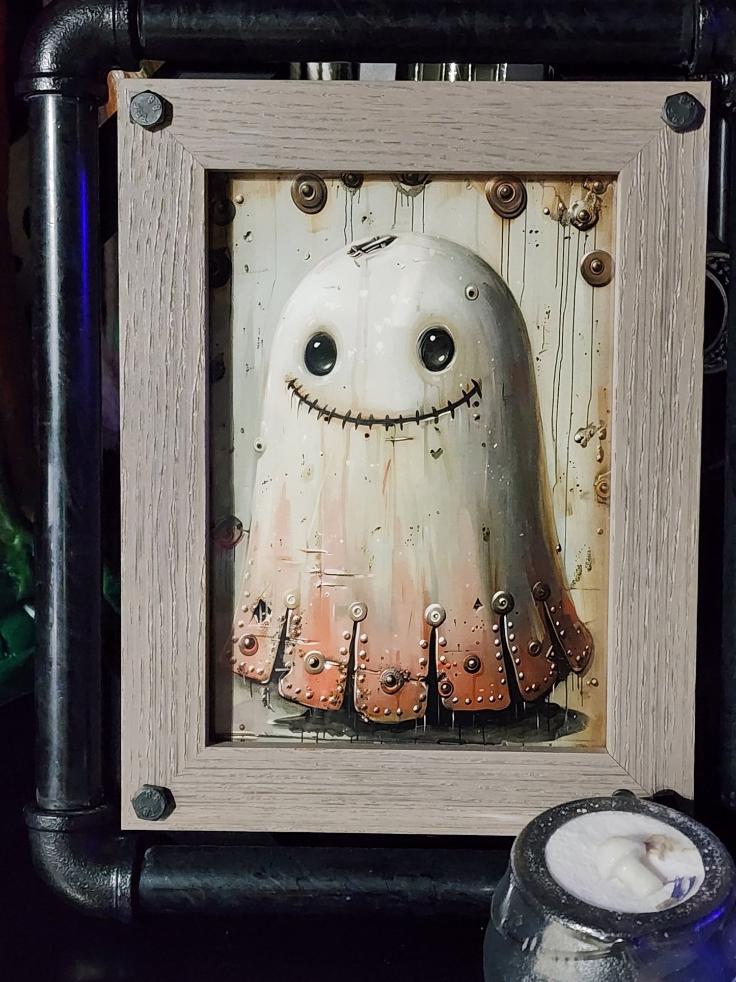 Steampunk Ghost Whimsigoth Print in Metal Pipe Frame Wall Hanging - Gothic & Alternative Gift - Haunted
