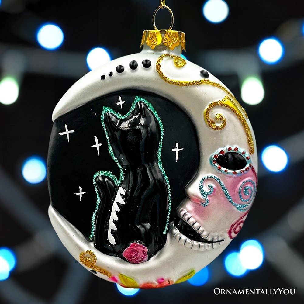 Sugar Skull Black Cat Moon Glass Ornament Gothmas, Christmas, Creepmas, Holiday Ornaments - Gothic & Alternative Gift - Haunted