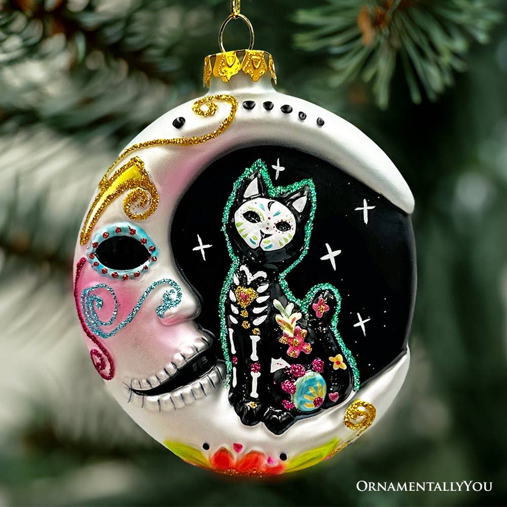 Sugar Skull Black Cat Moon Glass Ornament Gothmas, Christmas, Creepmas, Holiday Ornaments - Gothic & Alternative Gift - Haunted