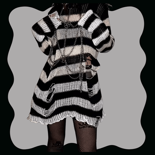 Tan Gradient Oversized Black Striped Ribbed Sweater Clothing Accessories - Gothic & Alternative Gift - Haunted