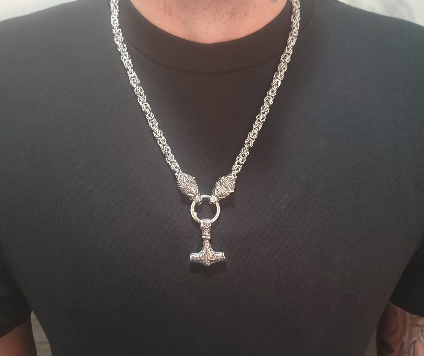 Thor's Hammer Wolf Viking Necklace Jewelry - Gothic & Alternative Gift - Haunted