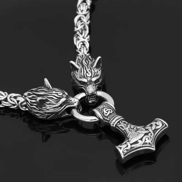 Thor's Hammer Wolf Viking Necklace Jewelry - Gothic & Alternative Gift - Haunted