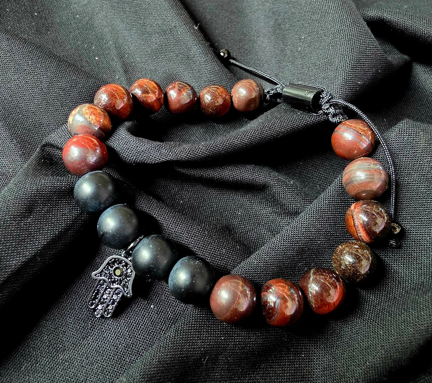 Tigers eye and Obsidian adjustable bracelet with Hamsa charm - Gothic & Alternative Gift - Haunted