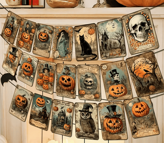 Vintage Halloween Garland Banner Pumpkin, Children, Skull, Bats, Cat, Crow Wall Hanging - Gothic & Alternative Gift - Haunted