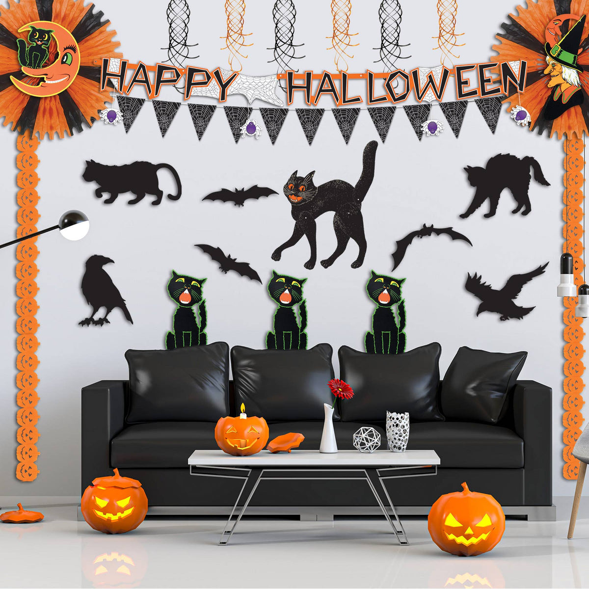 Vintage Halloween Jointed Scratch Cat 20 ½", printed 2 sides Seasonal Home Decor - Gothic & Alternative Gift - Haunted