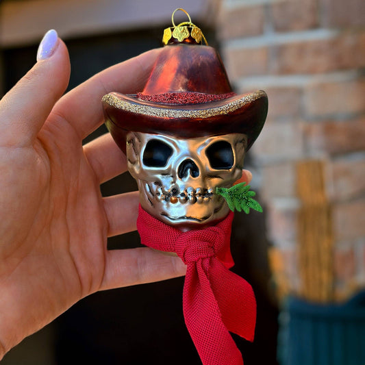 Vintage Ol Western Cowboy Skull Glass Ornament Gothmas, Christmas, Creepmas, Holiday Ornaments - Gothic & Alternative Gift - Haunted
