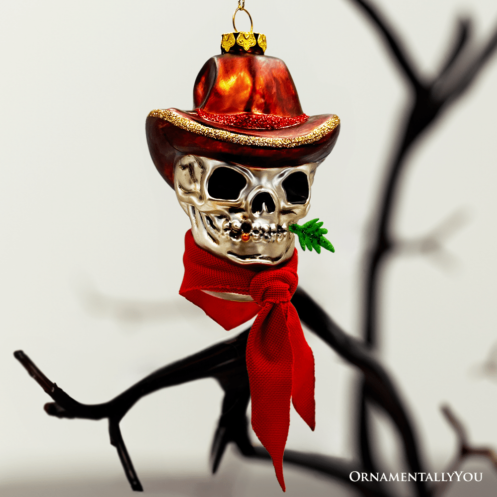 Vintage Ol Western Cowboy Skull Glass Ornament Gothmas, Christmas, Creepmas, Holiday Ornaments - Gothic & Alternative Gift - Haunted